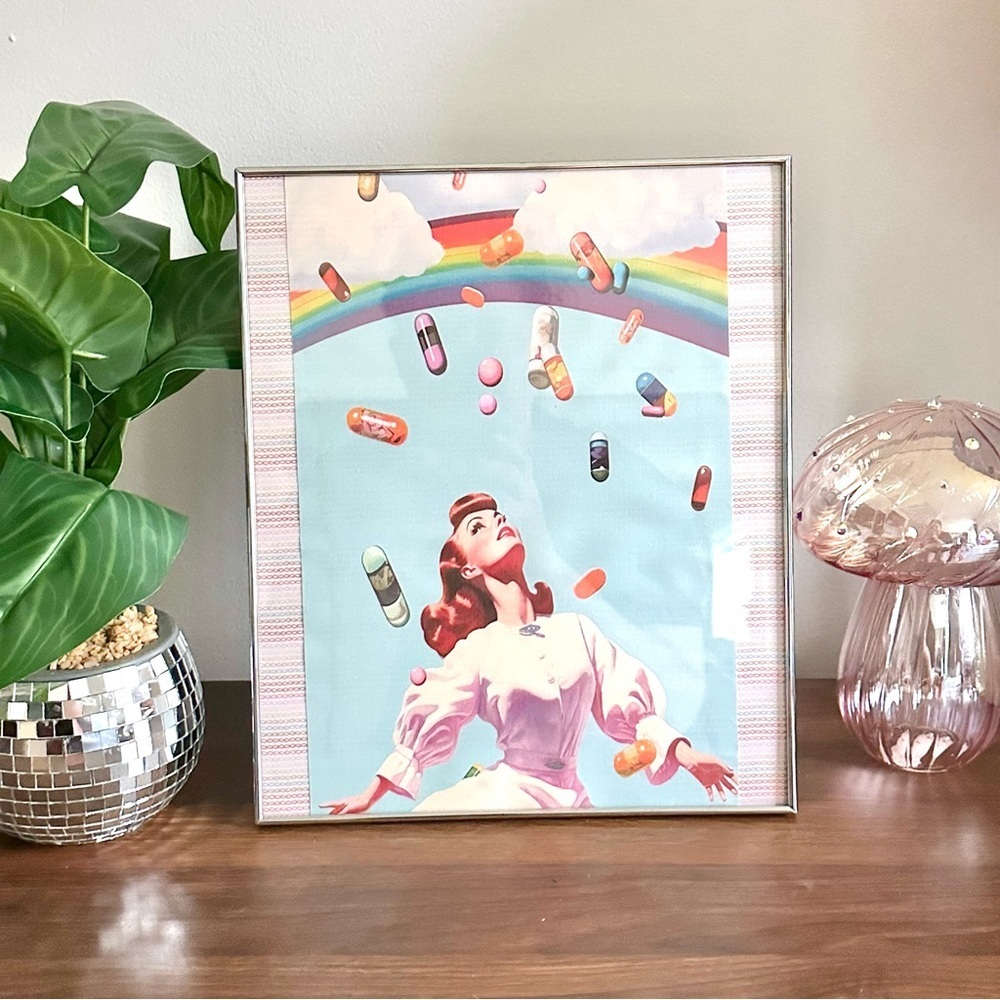 Happy Forever Rainbow Pills Raining Surreal Wall Art Framed Colorful Medication